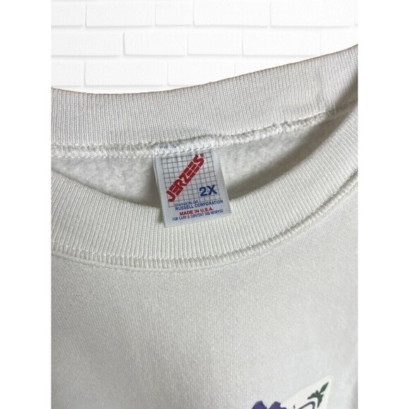 Vintage Jerzees Size 2X Puff Print Irises Flower Crewneck Sweatshirt White - Picture 8 of 10
